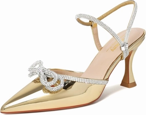Susanny Women's Closed Toe Rhinstone Wedding Low Heel Slingback Clear Kitten Heels,Adjustable Strap Pointed Toe Bow Pumps High Heeled Prom Dress Shoes