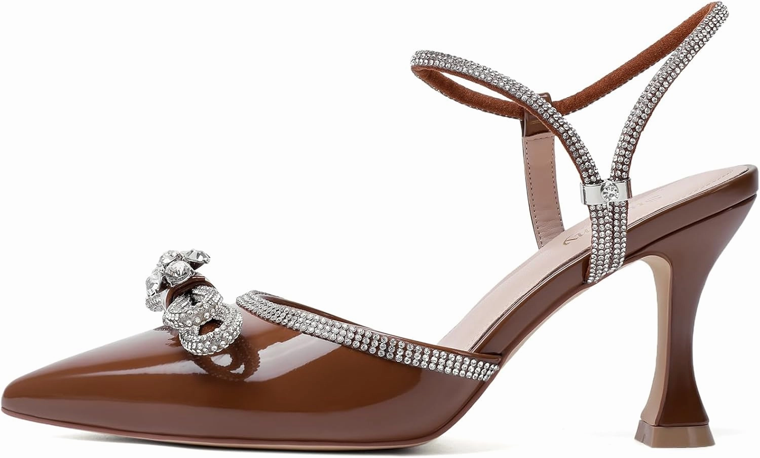 Susanny Women's Closed Toe Rhinstone Wedding Low Heel Slingback Clear Kitten Heels,Adjustable Strap Pointed Toe Bow Pumps High Heeled Prom Dress Shoes