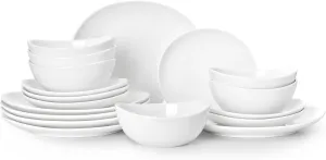 Sweese 18-Piece Dinnerware Sets for 6, Porcelain Plates and Bowls Set, Scratch Resistant Dishes, Microwave and Oven Safe Dishware, Snow White