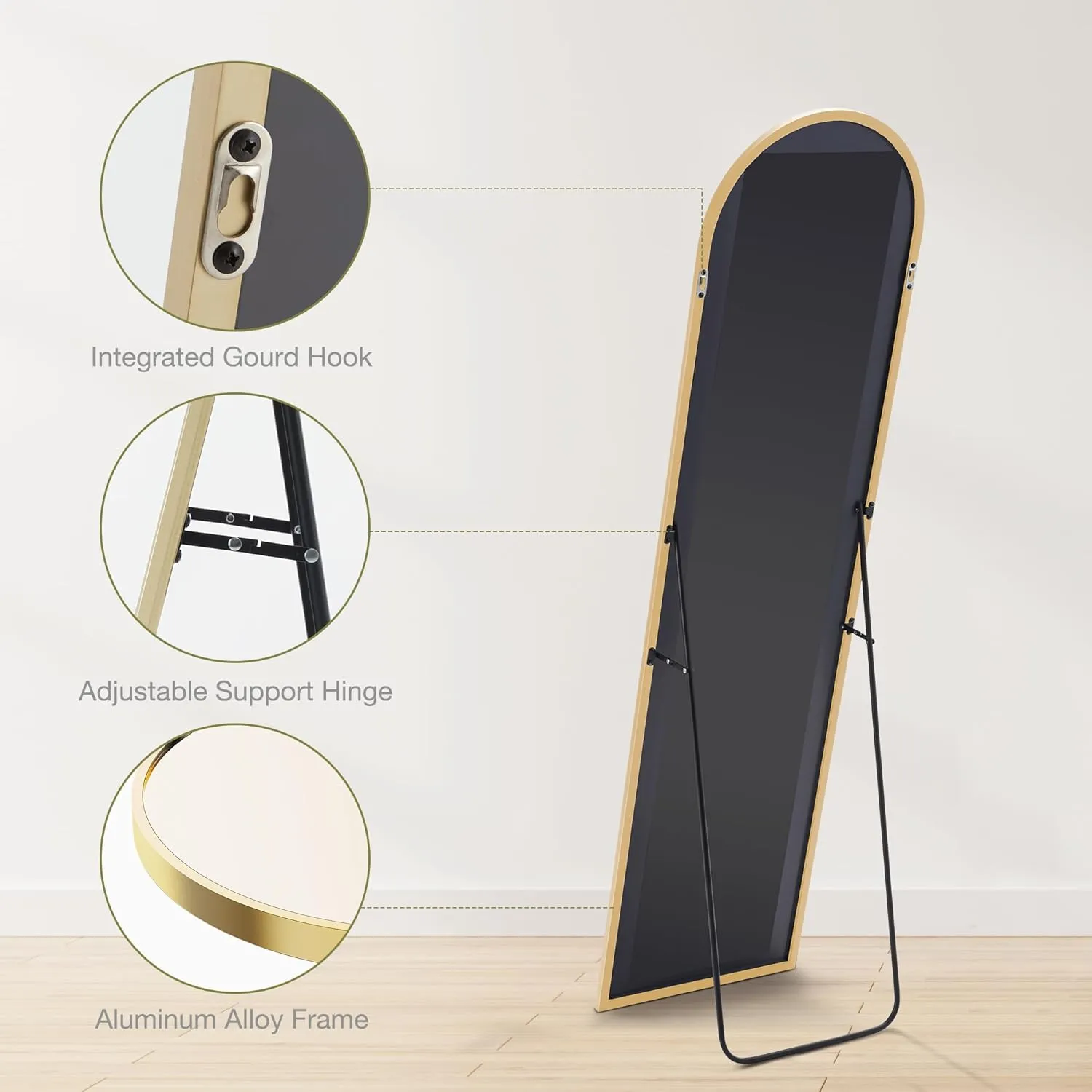 Sweetcrispy 59"x16" Arched Full Length Mirror, Standing or Leaning Full Body Mirror with Aluminum Alloy Thin Frame, Suitable for Bedroom or Cloakroom,Gold