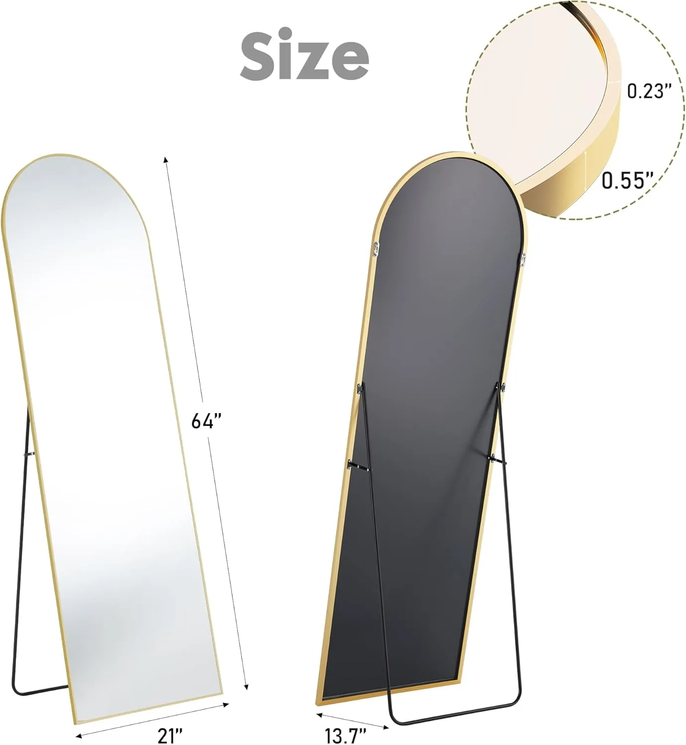 Sweetcrispy 64"x21" Arched Full Length Mirror, Standing or Leaning Full Body Mirror with Aluminum Alloy Thin Frame, Suitable for Bedroom or Cloakroom,Gold