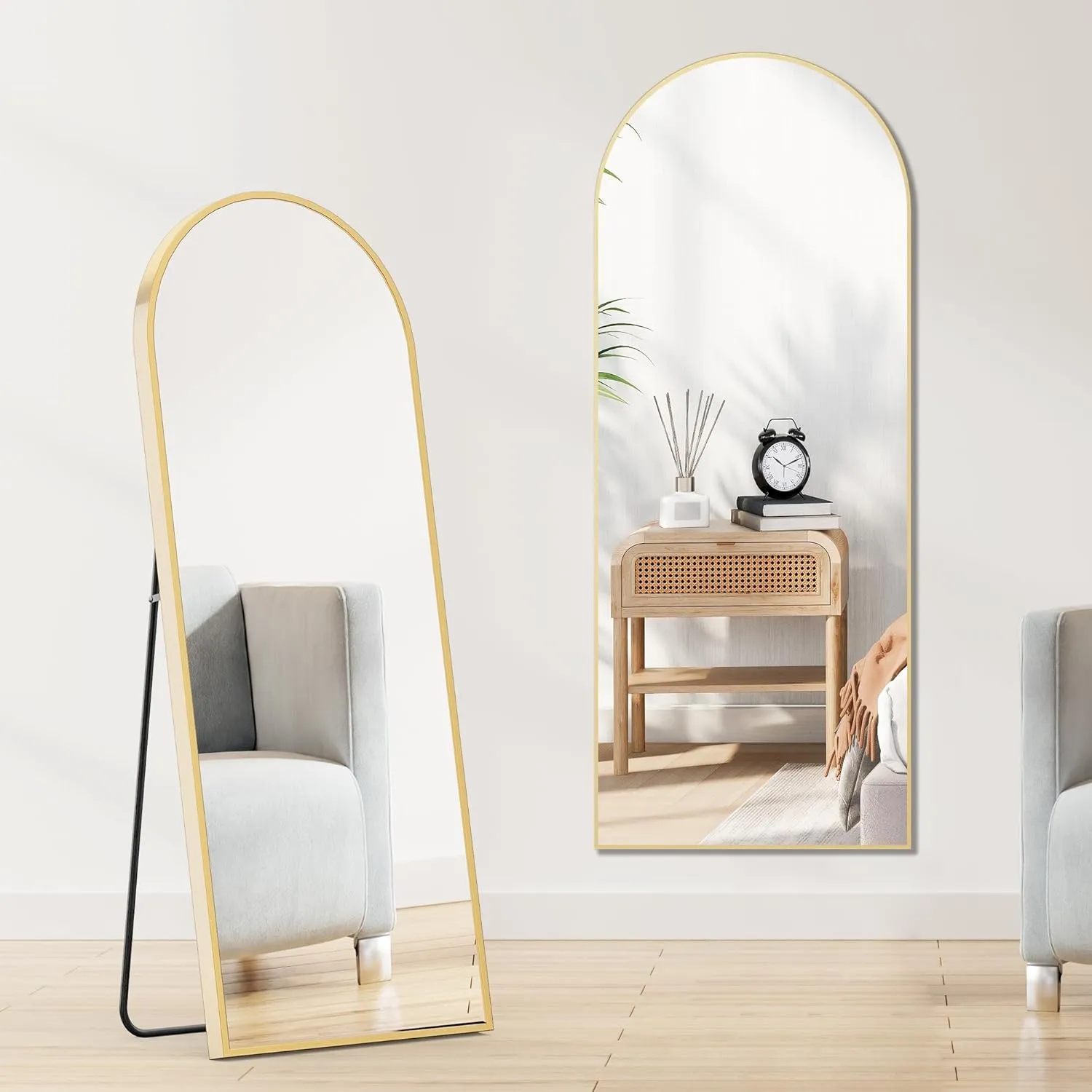 Sweetcrispy 64"x21" Arched Full Length Mirror, Standing or Leaning Full Body Mirror with Aluminum Alloy Thin Frame, Suitable for Bedroom or Cloakroom,Gold