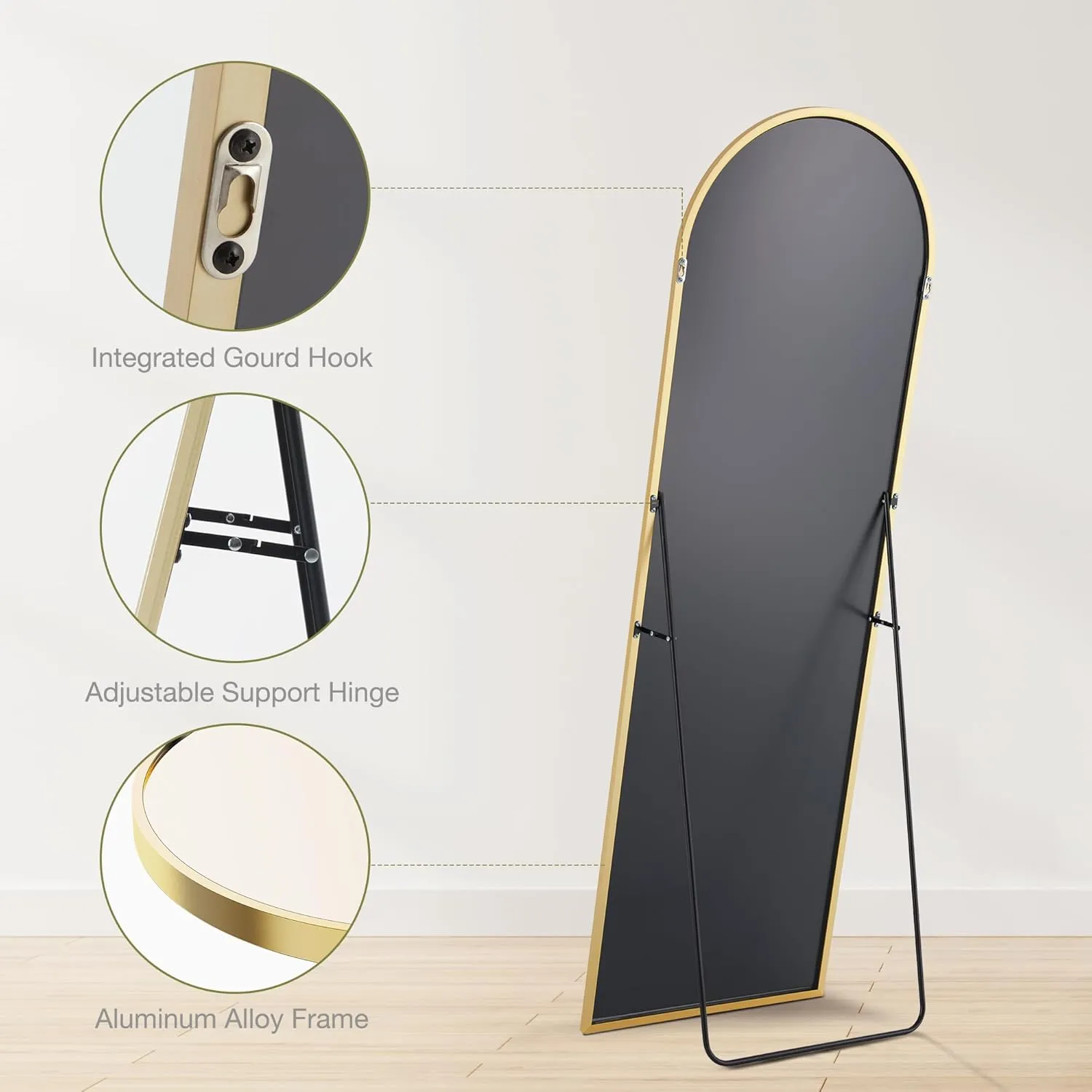 Sweetcrispy 64"x21" Arched Full Length Mirror, Standing or Leaning Full Body Mirror with Aluminum Alloy Thin Frame, Suitable for Bedroom or Cloakroom,Gold