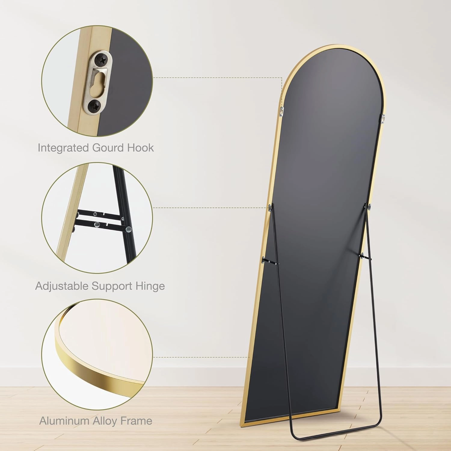 Sweetcrispy 64"x21" Arched Full Length Mirror, Standing or Leaning Full Body Mirror with Aluminum Alloy Thin Frame, Suitable for Bedroom or Cloakroom,Gold