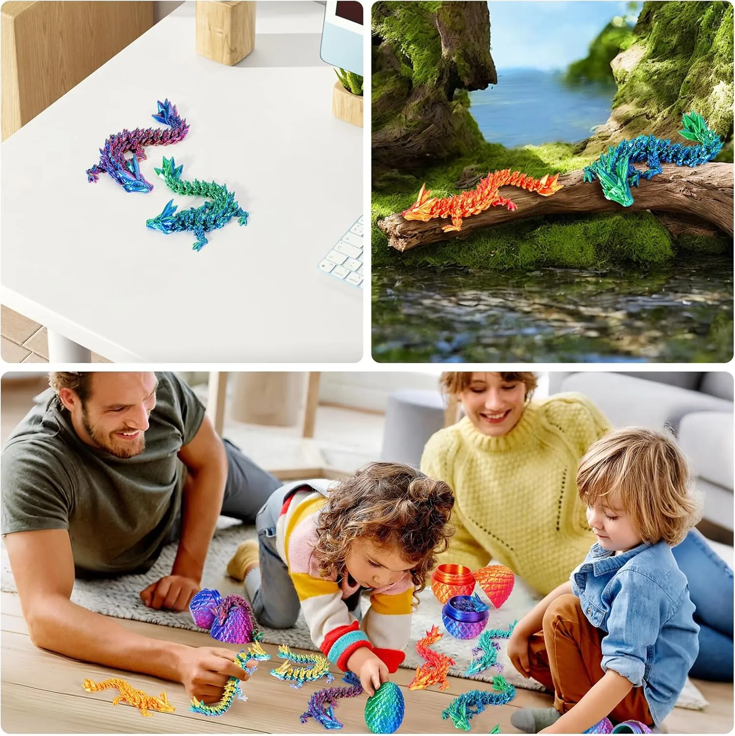 TBOLINE 4PCS 3D Printed Dragon Egg, Articulated Crystal Animals Fidget Toy Kid, Small 3D Printer Dinosaur Dino Eggs Toy Easter Gifts for Kids Boy Girls (4-Piece-C)