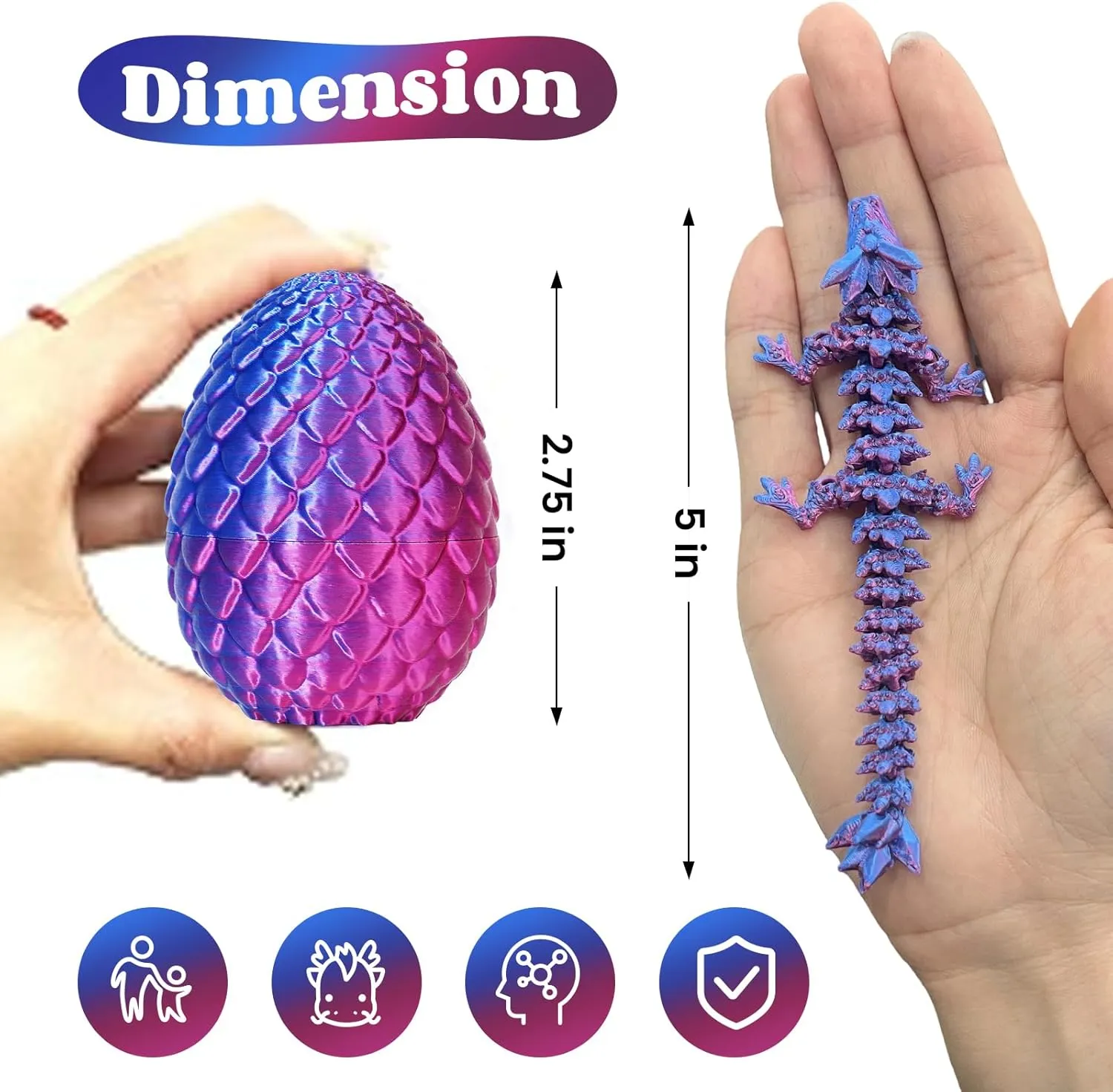 TBOLINE 4PCS 3D Printed Dragon Egg, Articulated Crystal Animals Fidget Toy Kid, Small 3D Printer Dinosaur Dino Eggs Toy Easter Gifts for Kids Boy Girls (4-Piece-C)