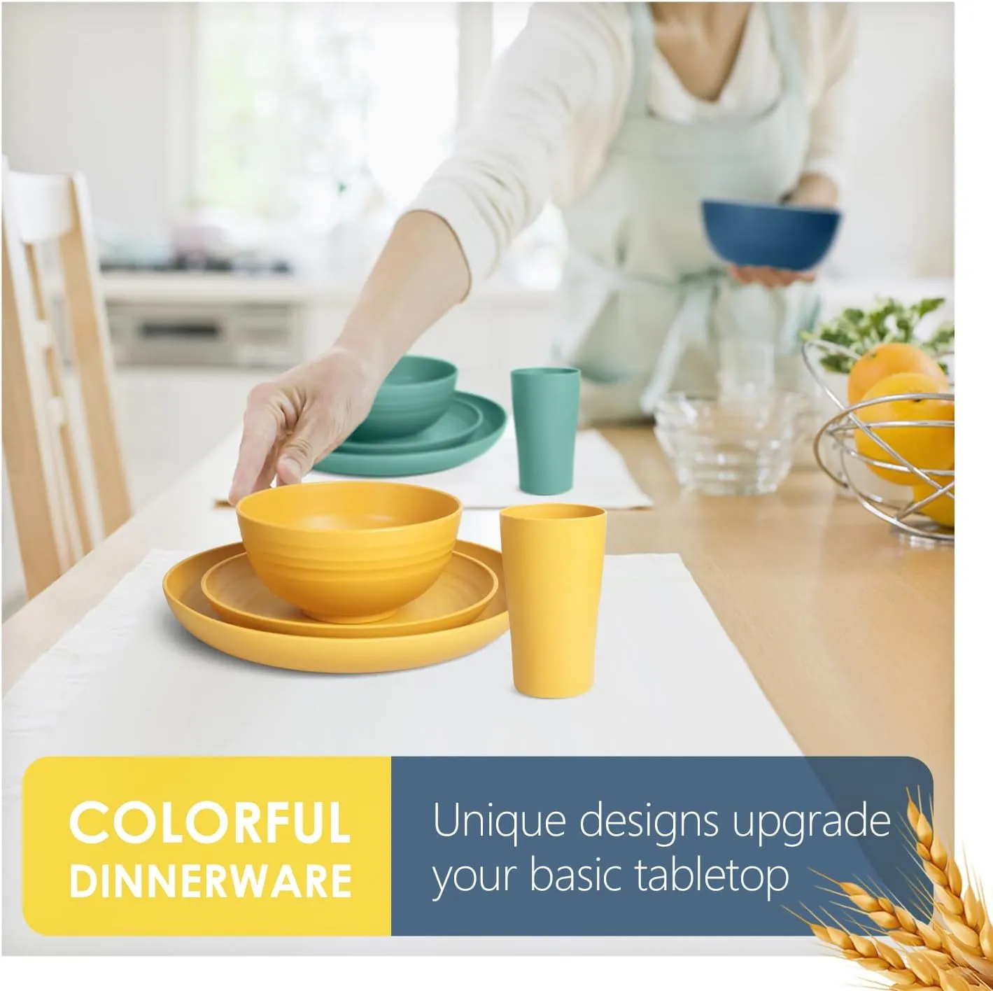 Teivio 32-Piece Kitchen Plastic Wheat Straw Dinnerware Set, Service for 8, Dinner Plates, Dessert Plate, Cereal Bowls, Cups for Everyday Dining, Unbreakable Plastic Outdoor Camping Dishes, Colorful