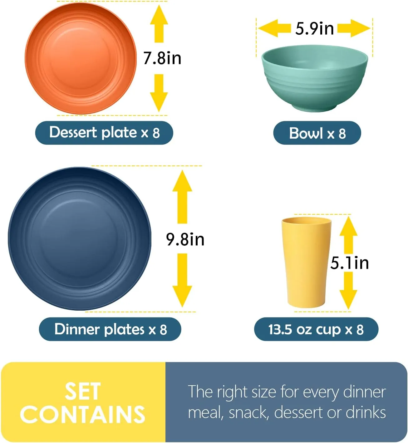 Teivio 32-Piece Kitchen Plastic Wheat Straw Dinnerware Set, Service for 8, Dinner Plates, Dessert Plate, Cereal Bowls, Cups for Everyday Dining, Unbreakable Plastic Outdoor Camping Dishes, Colorful
