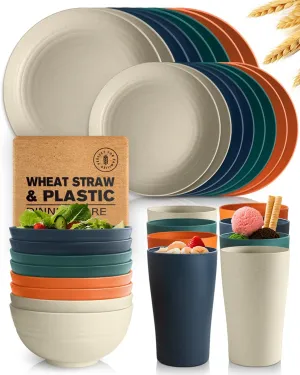 Teivio 32-Piece Kitchen Plastic Wheat Straw Dinnerware Set, Service for 8, Dinner Plates, Dessert Plate, Cereal Bowls, Cups for Everyday Dining, Unbreakable Plastic Outdoor Camping Dishes, Colorful