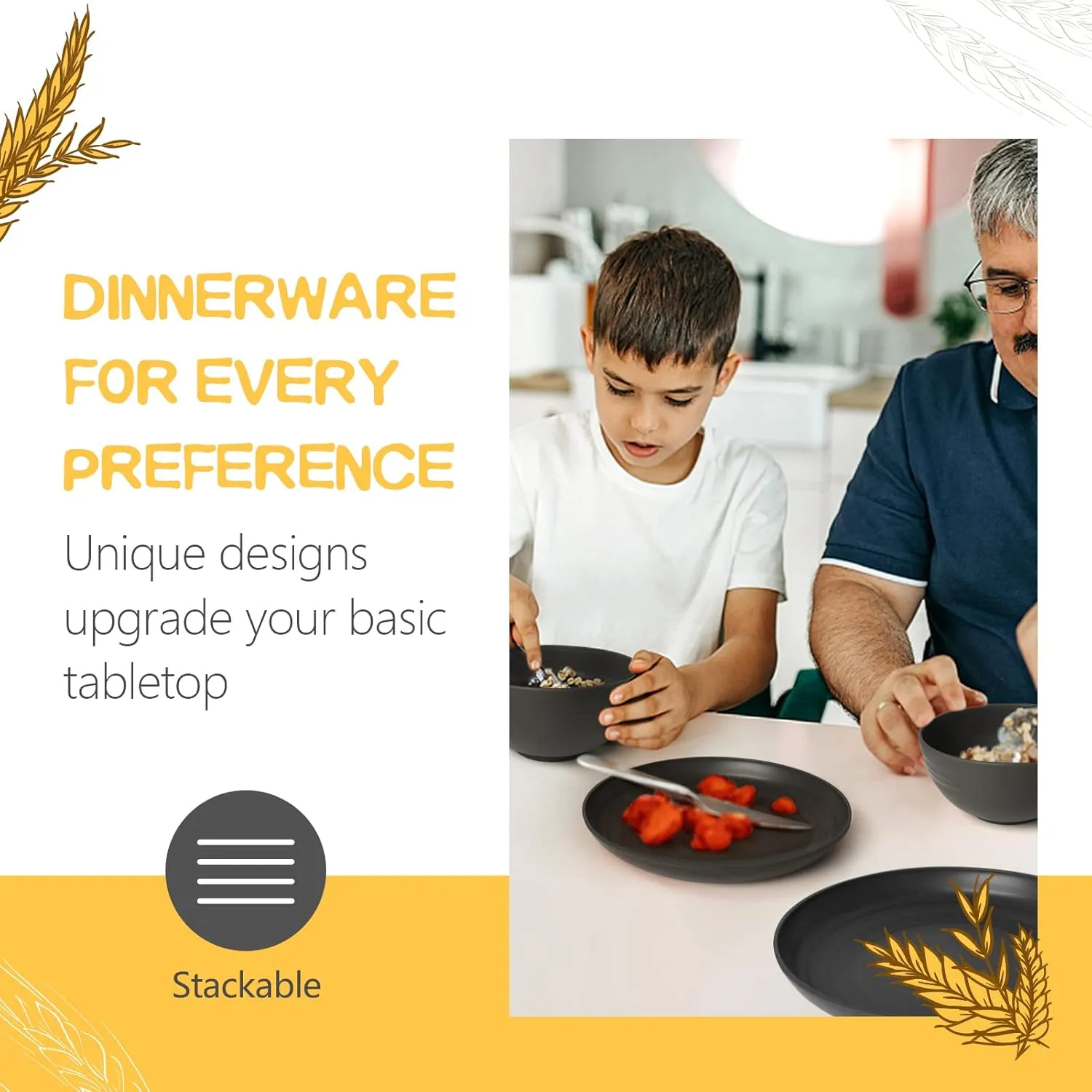 Teivio 32-Piece Kitchen Plastic Wheat Straw Dinnerware Set, Service for 8, Unbreakable Modern Dish Set - Dinner Plate/Dessert Plate/Cereal Bowl/Cup, for Apartment Essentials, Outdoor Camping,Black