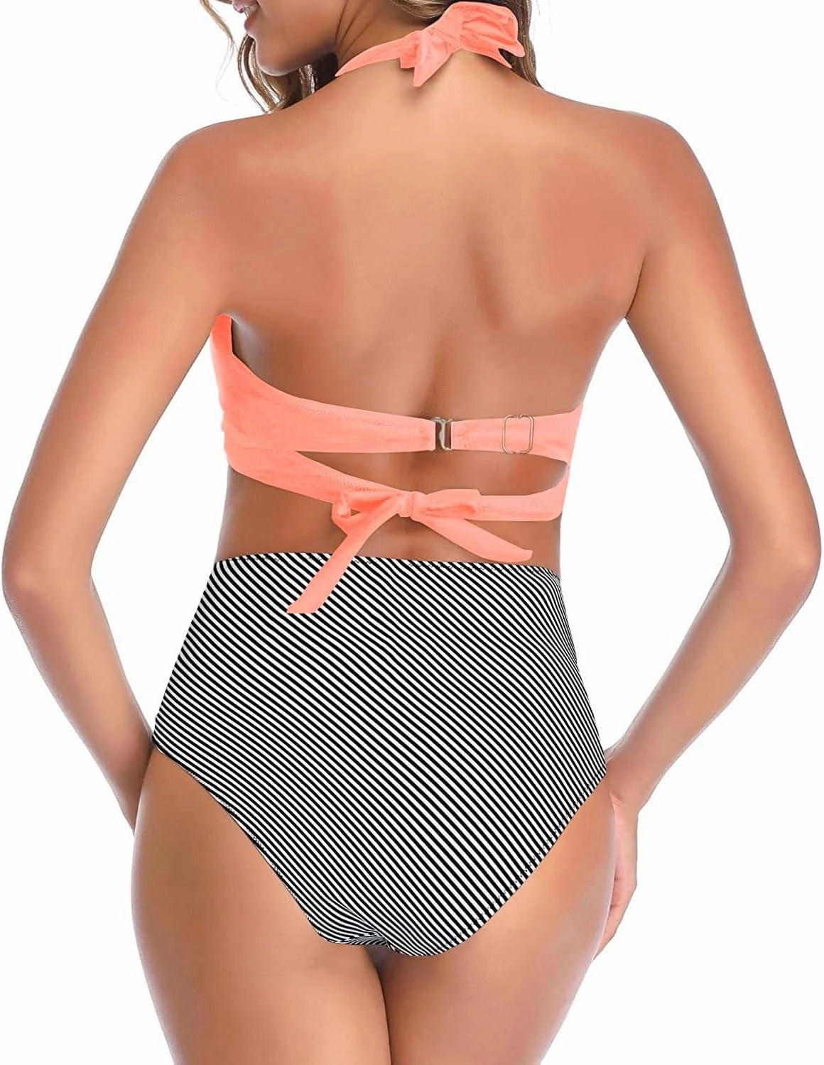 Tempt Me Women Two Piece Vintage Swimsuit Retro Halter Ruched High Waist Bikini with Bottom