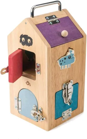 Tender Leaf Toys Wooden Monster Lock Box - 8 Different Doors with Various Lock Mechanisms Helps Develop Probelm Solving Skills - 3  , Multicolor, 6.5" x 6.7" x 11.7"