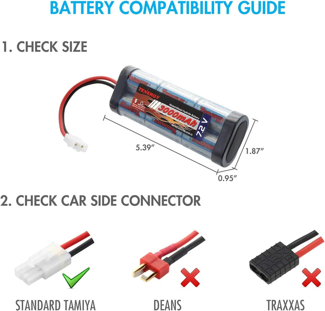 Tenergy 7.2V Battery Pack High Capacity 6-Cell 3000mAh NiMH Flat Battery Pack, Replacement Hobby Battery for RC Car, RC Truck, RC Tank, RC Boat with Standard Tamiya Connector, 2-Pack
