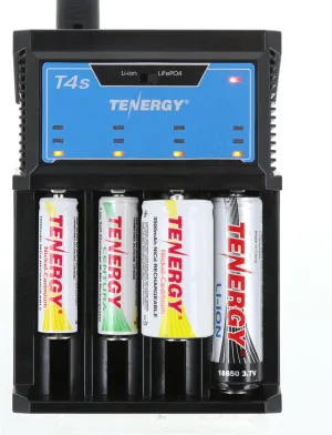 Tenergy T4s Intelligent Universal Charger, 4-Slot Battery Charger for Li-ion, LiFePO4, NiMH and NiCd Rechargeable Batteries,18650, 14500, 26650, AA AAA C Cell Battery Charger with Car Adapter