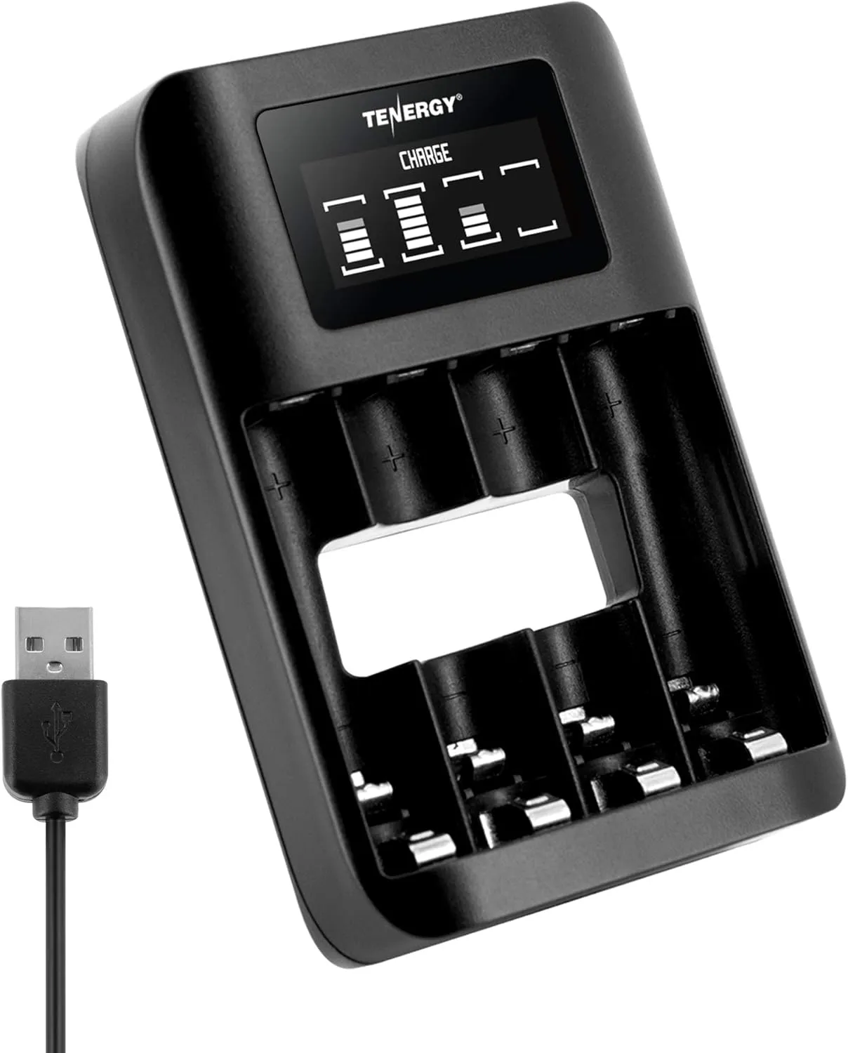 Tenergy TN474U 4-Bay NiMH/NiCD Battery Charger with LCD Display and USB Input, Portable Charger for AA/AAA NiMH and NiCD Batteries