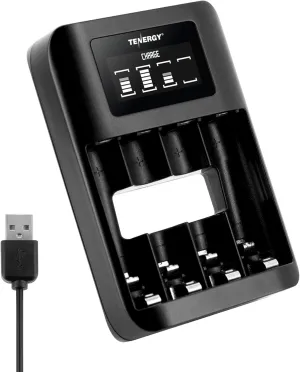 Tenergy TN474U 4-Bay NiMH/NiCD Battery Charger with LCD Display and USB Input, Portable Charger for AA/AAA NiMH and NiCD Batteries