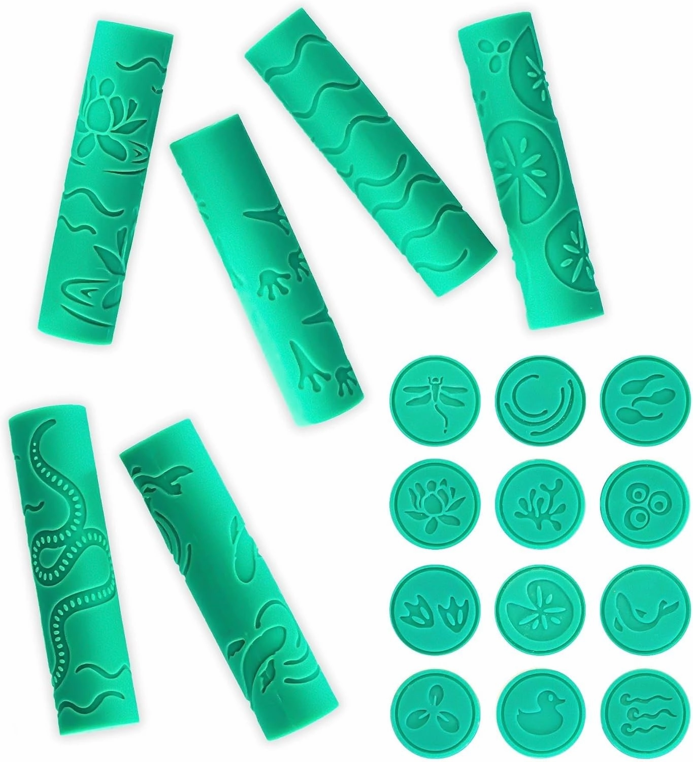 Textured Play Dough Roller Stamps for Modeling Dough and Clay, Pond Art Preschool Toy, Easy Clean Silicone Hand Grip for Kids, Playdough Tools Set Ages 3 , Safe for Baking and Crafts