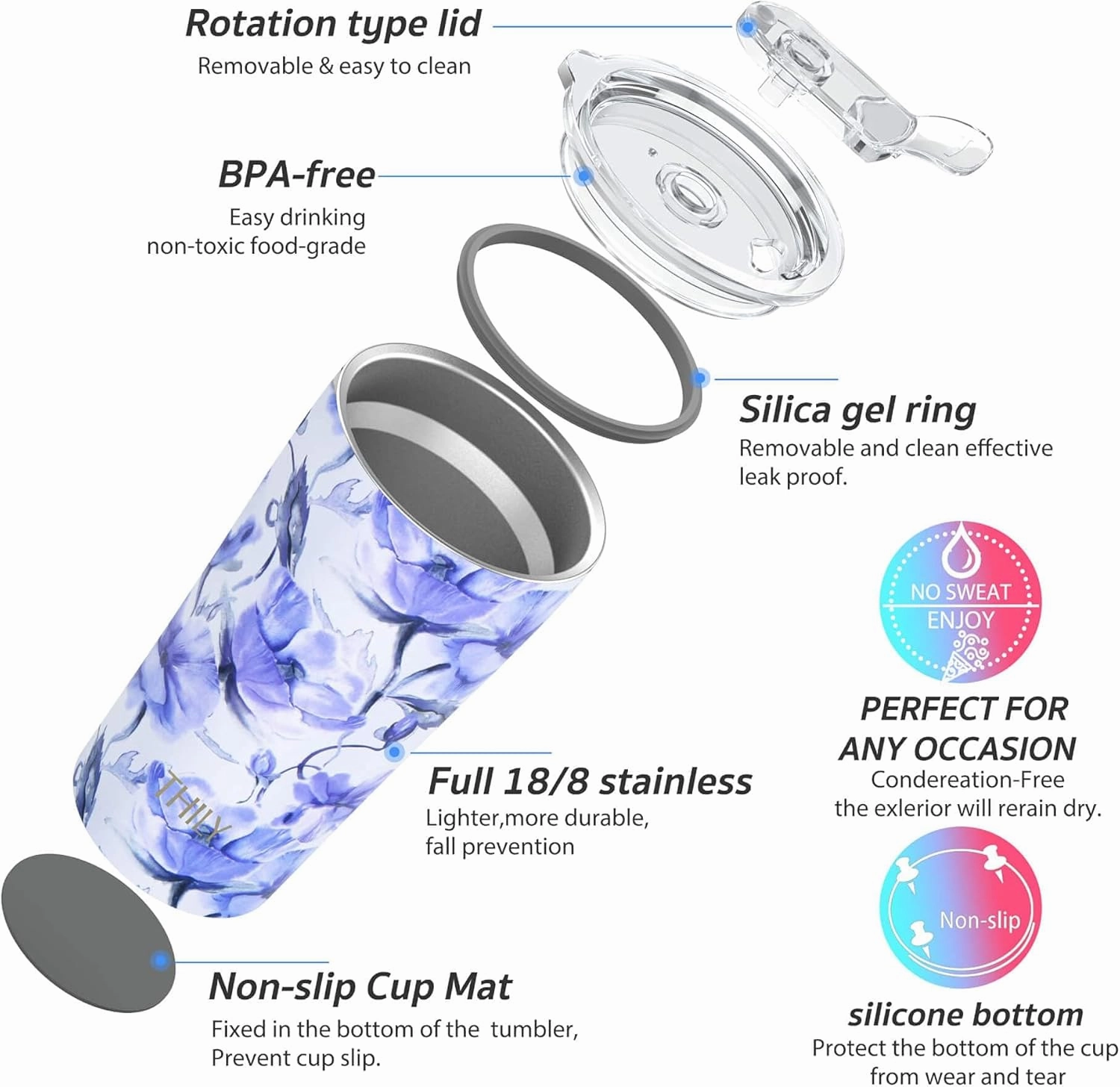 THILY Stainless Steel Tumbler Coffee Cup 20 oz Triple-Insulated Travel Mug with Splash-Proof Lid, for Ice Drinks and Hot Beverage Coffee Cup, Outdoor Gift for Women, Iridaceae