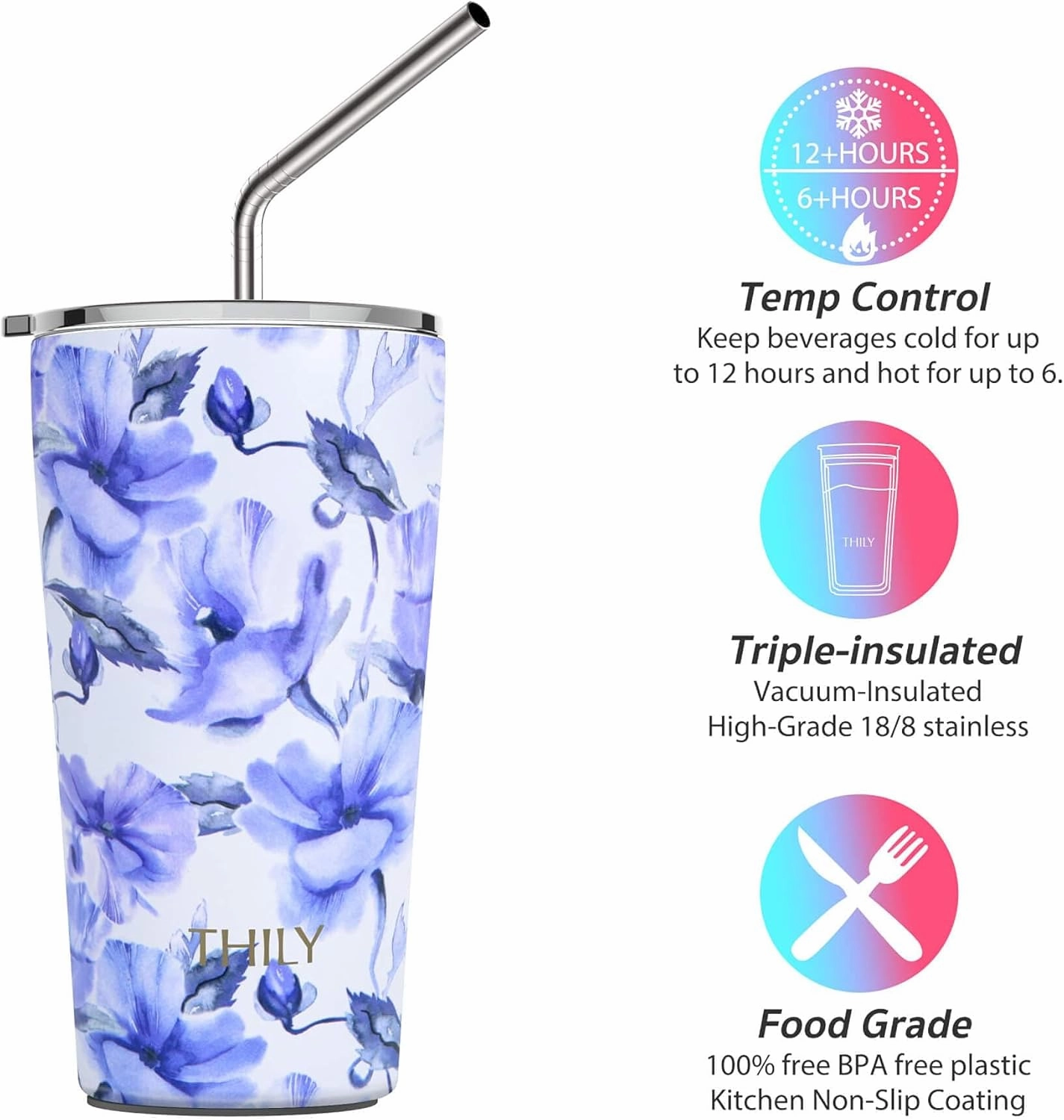 THILY Stainless Steel Tumbler Coffee Cup 20 oz Triple-Insulated Travel Mug with Splash-Proof Lid, for Ice Drinks and Hot Beverage Coffee Cup, Outdoor Gift for Women, Iridaceae