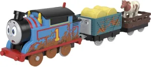 Thomas & Friends Motorized Toy Train Muddy Thomas Engine with Cargo Cars & Cow for Preschool Pretend Play Kids Ages 3  Years