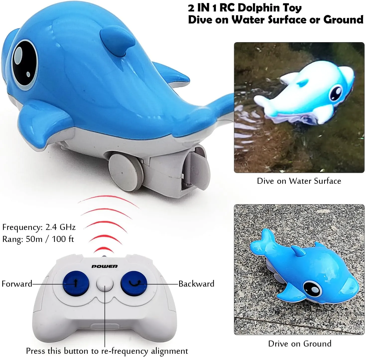 Tipmant Cute RC Dolphin Animal Toys Remote Control Boat Vehicle Car, Drive on Both Water Surface and Ground, 2.4G Frequency Rang 100 ft, Kids Birthday Gifts (Blue)