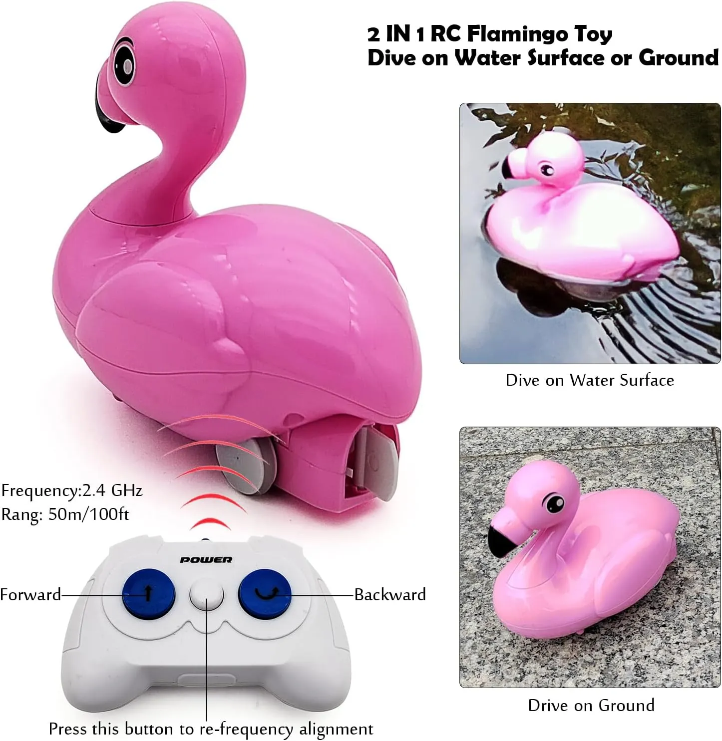 Tipmant Cute RC Flamingo Animal Toys Remote Control Boat Vehicle Car, Drive on Both Water Surface and Ground, 2.4G Frequency Rang 100 ft, Kids Birthday Gifts (Pink)
