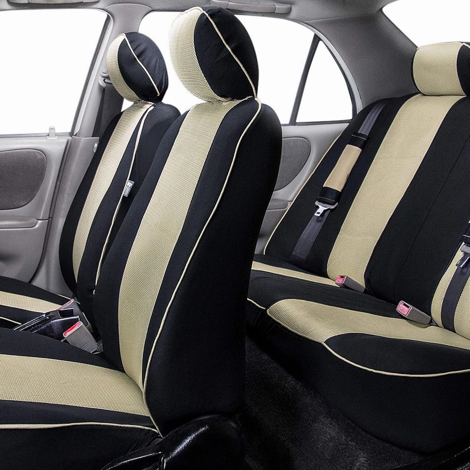 TLH Edgy Piping Style 3 Row 8 Seater Automotive Seat Covers Airbag Compatible Split Bench Car Seat Protector Beige Color Universal Fit Seat Cover Set for for Cars Auto Trucks SUV