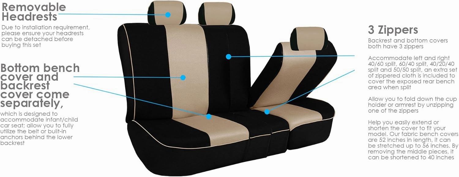 TLH Edgy Piping Style 3 Row 8 Seater Automotive Seat Covers Airbag Compatible Split Bench Car Seat Protector Beige Color Universal Fit Seat Cover Set for for Cars Auto Trucks SUV