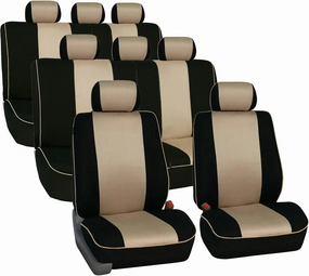 TLH Edgy Piping Style 3 Row 8 Seater Automotive Seat Covers Airbag Compatible Split Bench Car Seat Protector Beige Color Universal Fit Seat Cover Set for for Cars Auto Trucks SUV