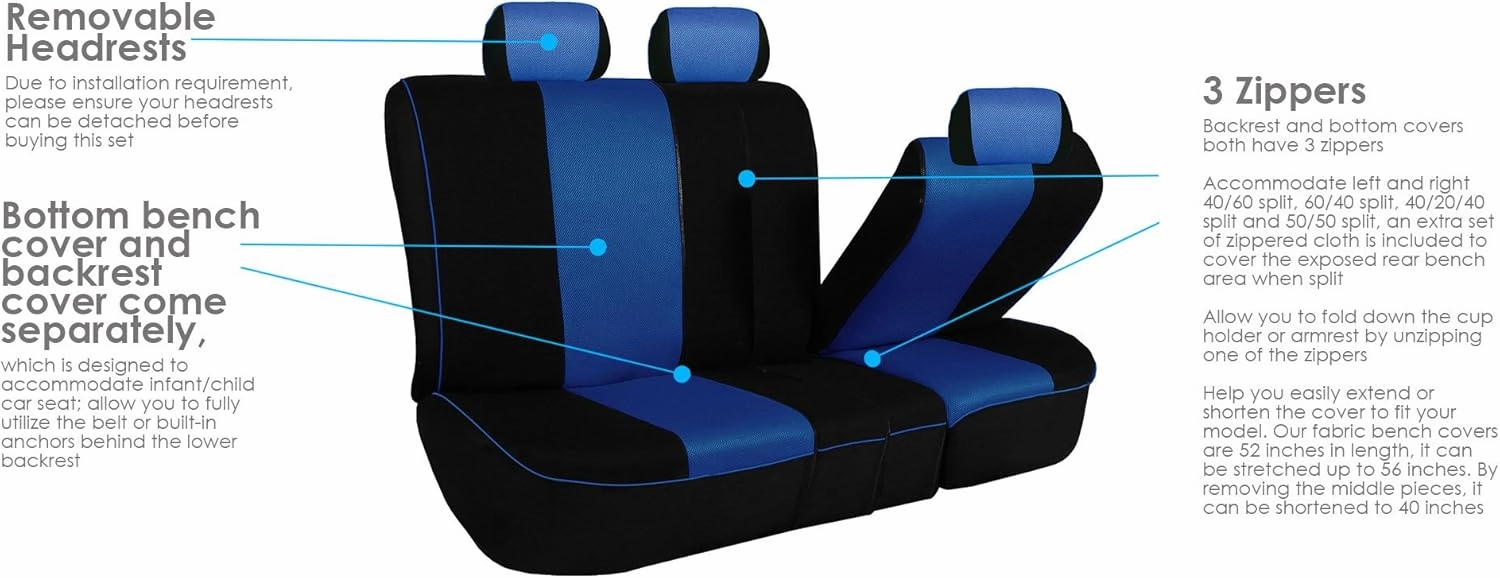 TLH Edgy Piping Style 3 Row 8 Seater Automotive Seat Covers Airbag Compatible Split Bench Car Seat Protector Blue Color Universal Fit Seat Cover Set for for Cars Auto Trucks SUV