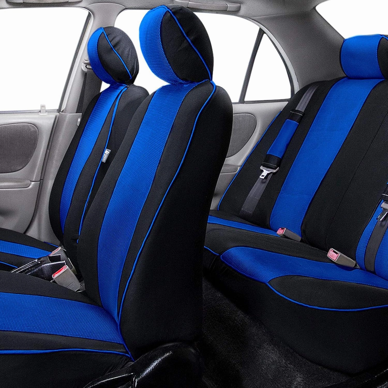 TLH Edgy Piping Style 3 Row 8 Seater Automotive Seat Covers Airbag Compatible Split Bench Car Seat Protector Blue Color Universal Fit Seat Cover Set for for Cars Auto Trucks SUV