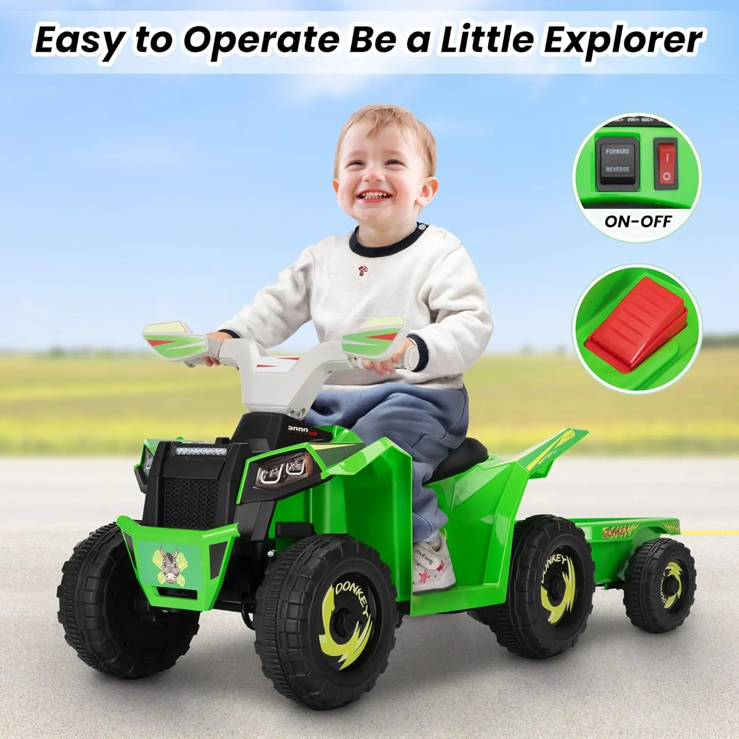 TOBBI 6V Battery Powered Quad Toy Car for Toddlers 1.5-6, with Trailer, Kids Ride on ATV Toy w/Music,Bluetooth,Safety Belt,Power Display