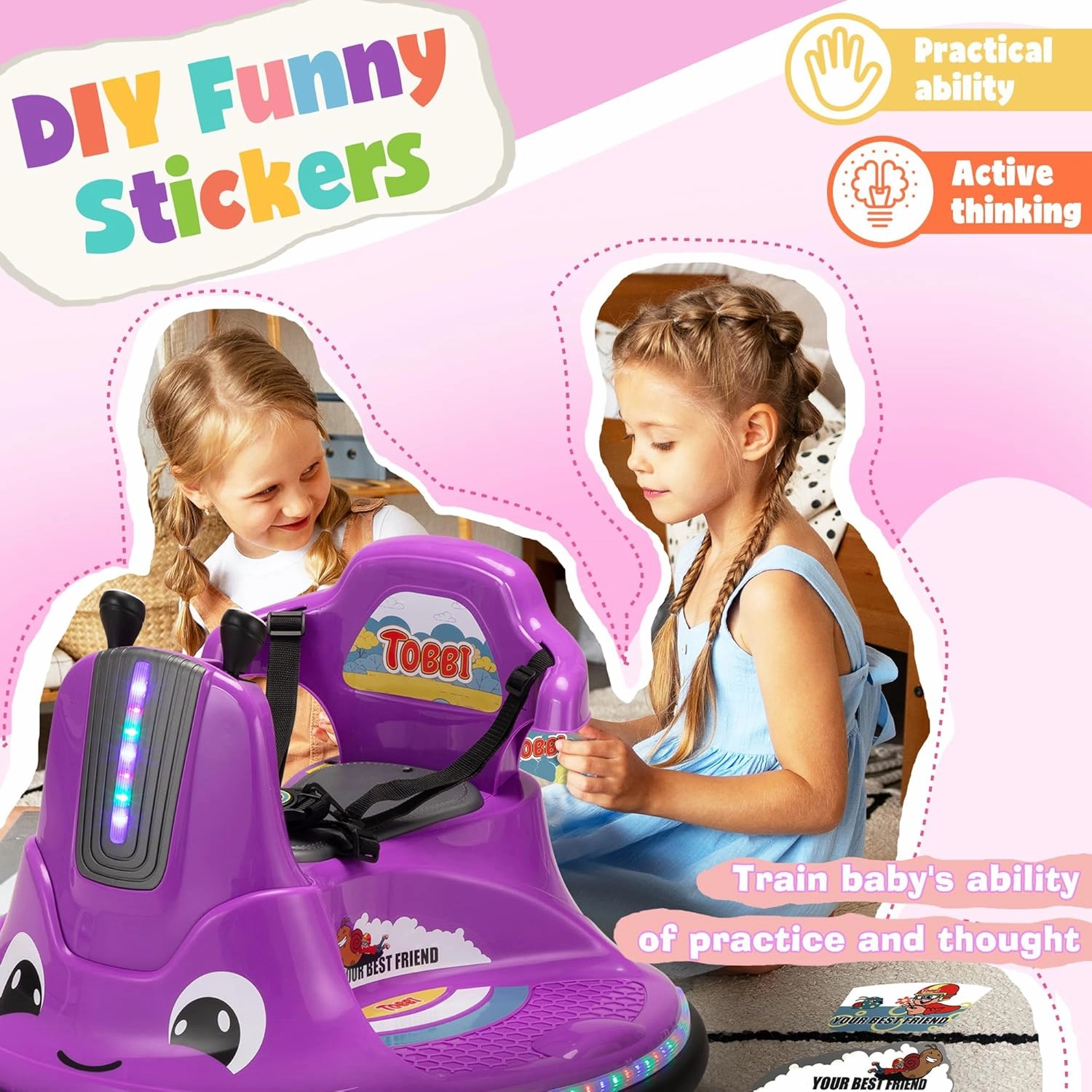 TOBBI Toddlers Bumper Car, 12v Baby Electric Ride On Snail Shape Toy with Remote Control/Children DIY Funny Stickers/360 Degree Spin for Kids of Ages 1.5-9 (Purple)