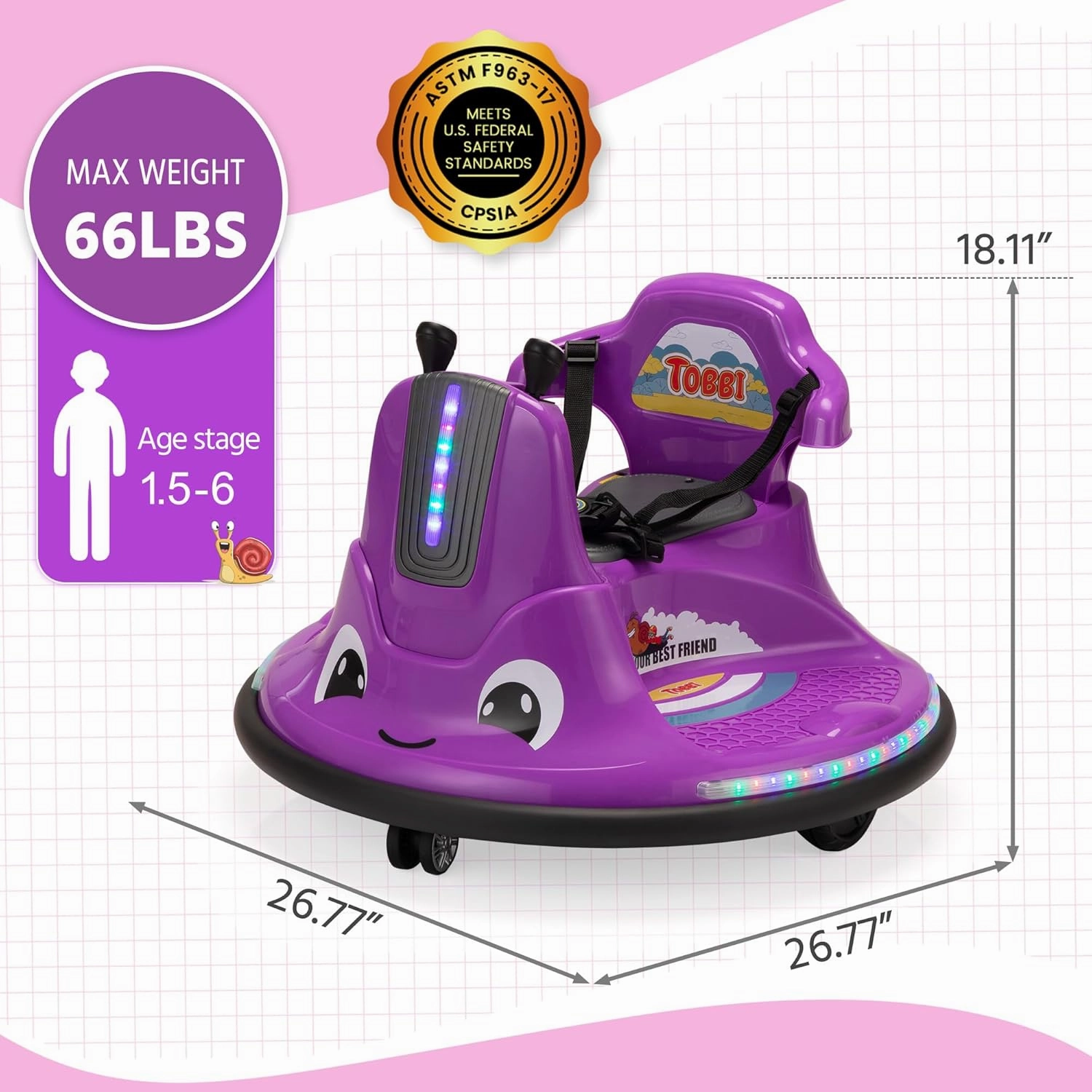 TOBBI Toddlers Bumper Car, 12v Baby Electric Ride On Snail Shape Toy with Remote Control/Children DIY Funny Stickers/360 Degree Spin for Kids of Ages 1.5-9 (Purple)