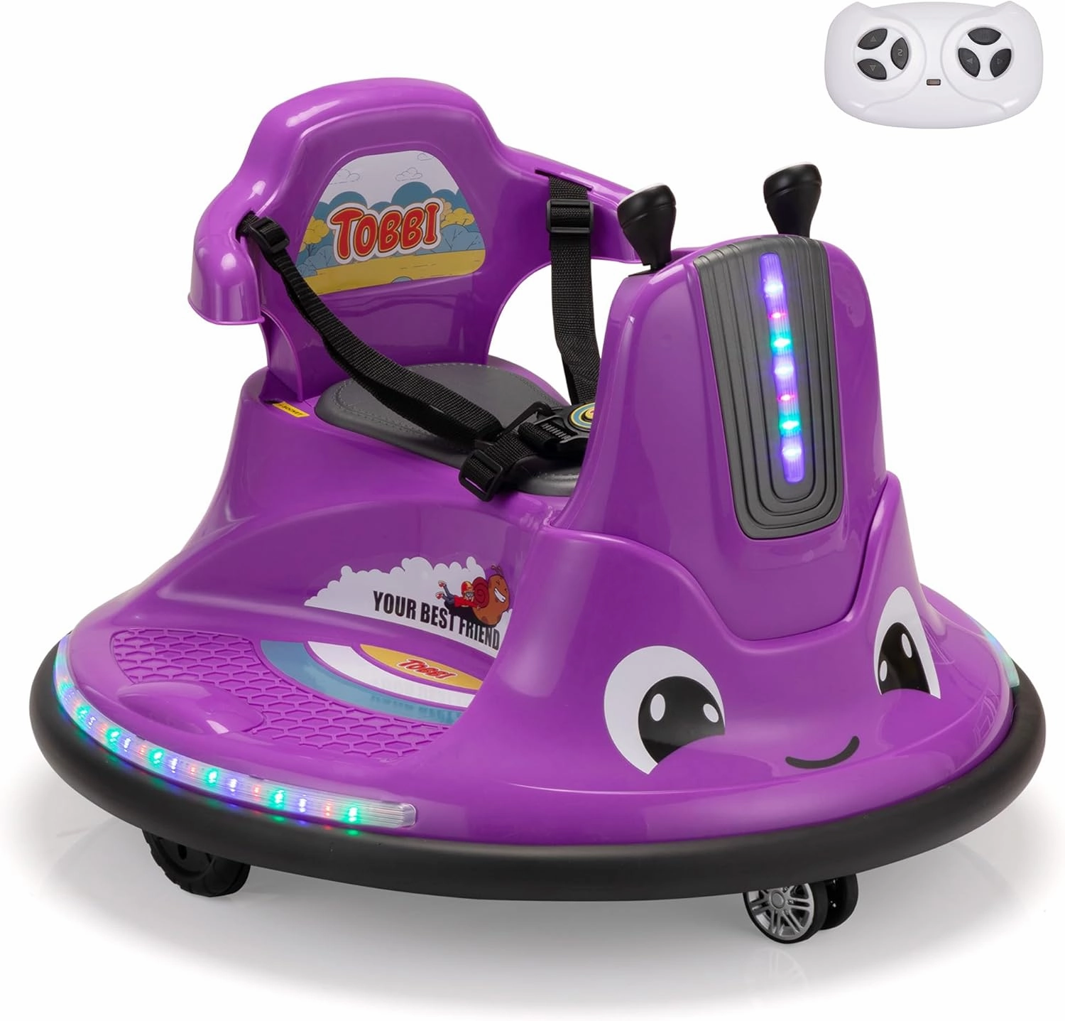 TOBBI Toddlers Bumper Car, 12v Baby Electric Ride On Snail Shape Toy with Remote Control/Children DIY Funny Stickers/360 Degree Spin for Kids of Ages 1.5-9 (Purple)
