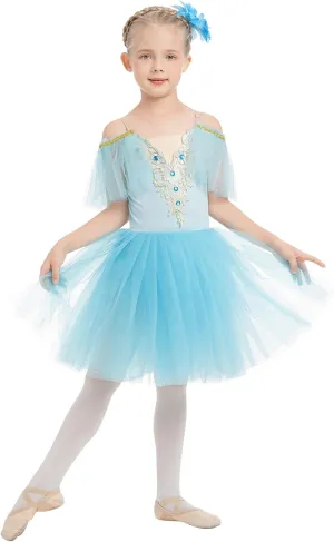 Toddler Ballet Leotards for Girls Glitter Tulle Skirt 2PCS Ruffle Sleeve Tutu Dresses with Hair Clip One Piece Outfits
