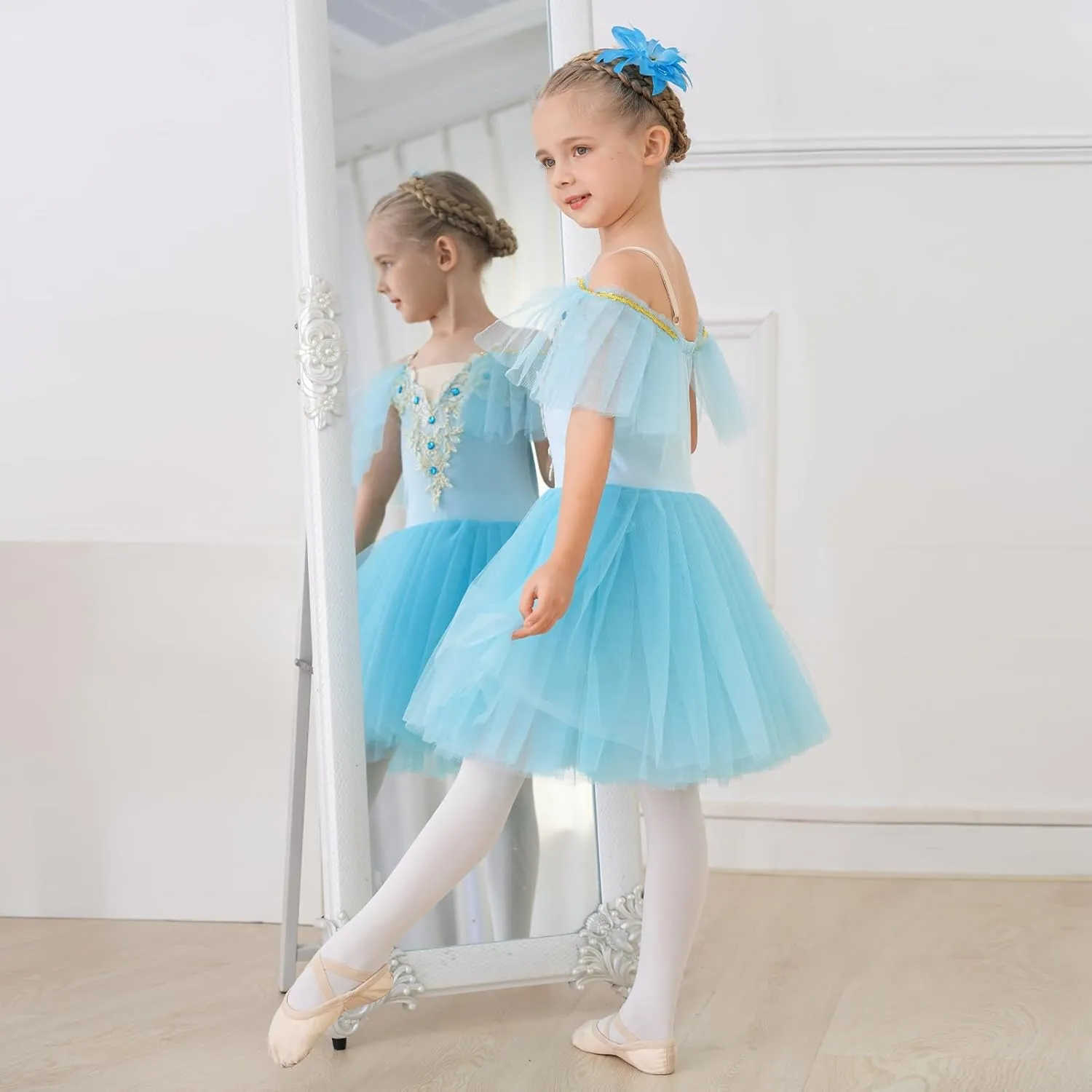 Toddler Ballet Leotards for Girls Glitter Tulle Skirt 2PCS Ruffle Sleeve Tutu Dresses with Hair Clip One Piece Outfits
