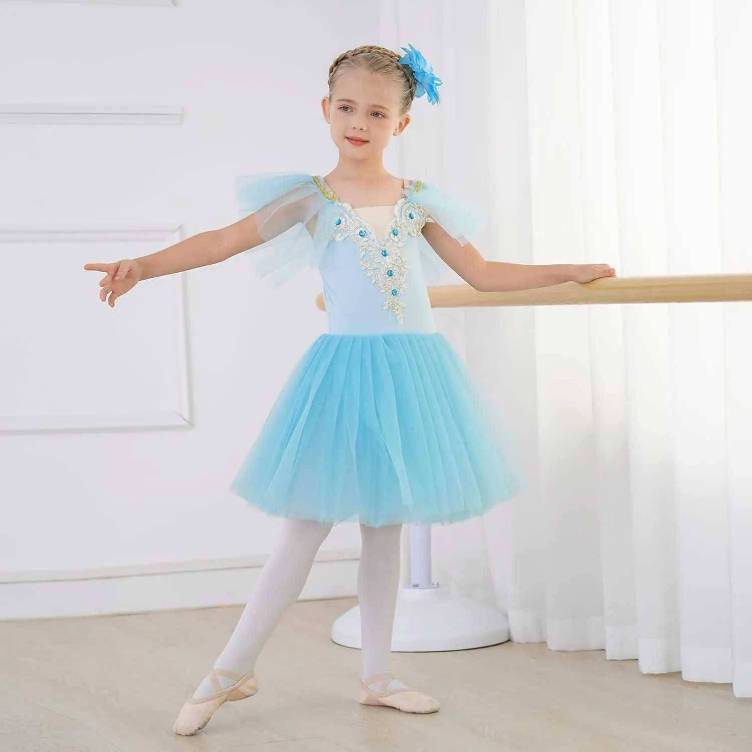Toddler Ballet Leotards for Girls Glitter Tulle Skirt 2PCS Ruffle Sleeve Tutu Dresses with Hair Clip One Piece Outfits