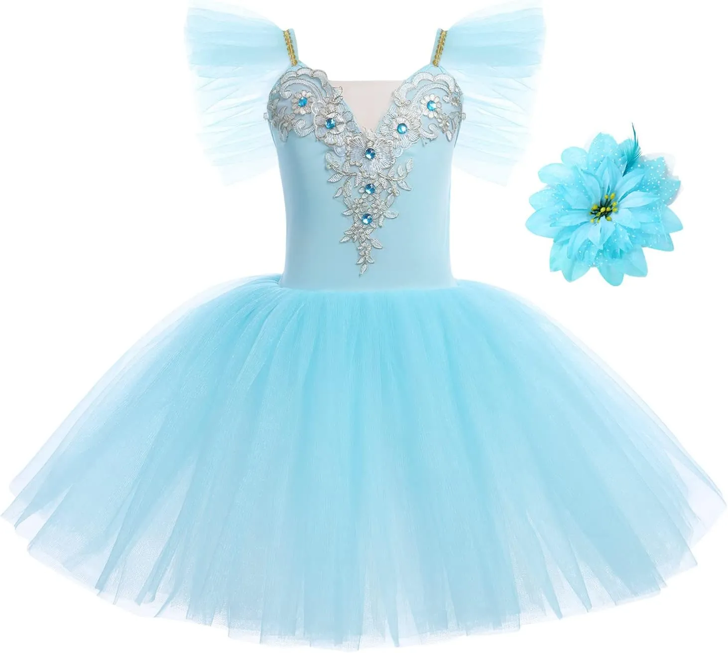 Toddler Ballet Leotards for Girls Glitter Tulle Skirt 2PCS Ruffle Sleeve Tutu Dresses with Hair Clip One Piece Outfits