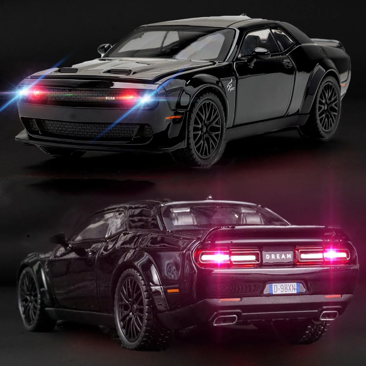 Toy Cars 1/32 Dodge Challenger Die Cast Metal Toy Cars Hellcat Toy Car with Sound and Light Pull Back Hellcat Car for 3  Year Old Boys and Kids