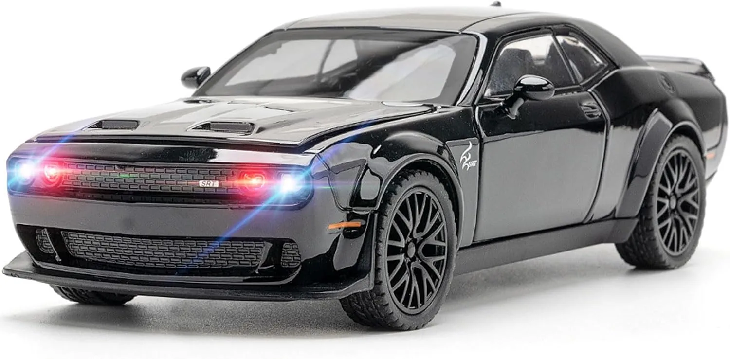 Toy Cars 1/32 Dodge Challenger Die Cast Metal Toy Cars Hellcat Toy Car with Sound and Light Pull Back Hellcat Car for 3  Year Old Boys and Kids