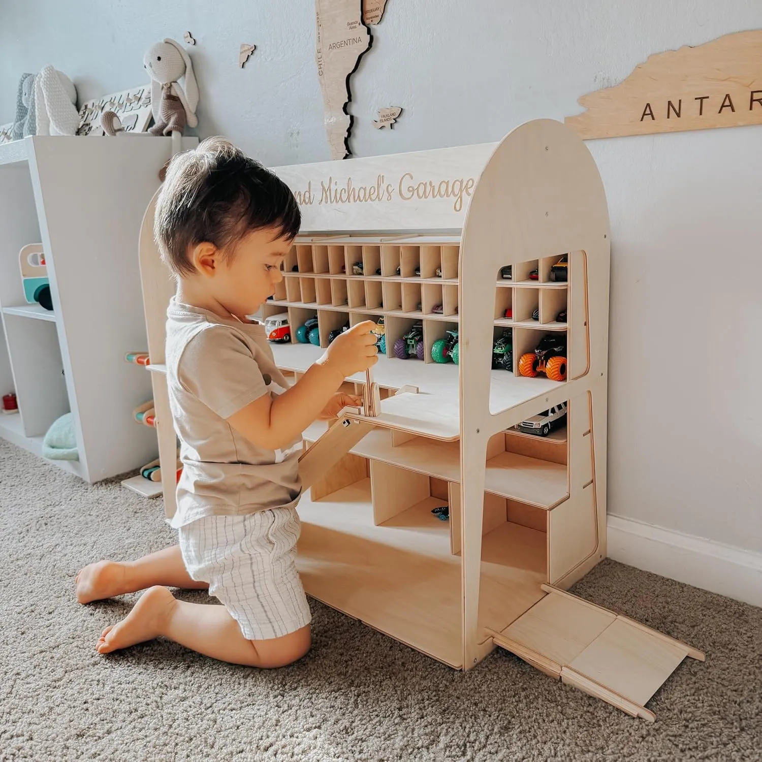 Toy Parking Garage with Elevator Wooden Toy Car Storage Hot Wheels Car Compatible Gift for Toddlers 1-4 Years Old Organizer Case Shelf for Mini Toy Cars (Big, Dark Walnut)