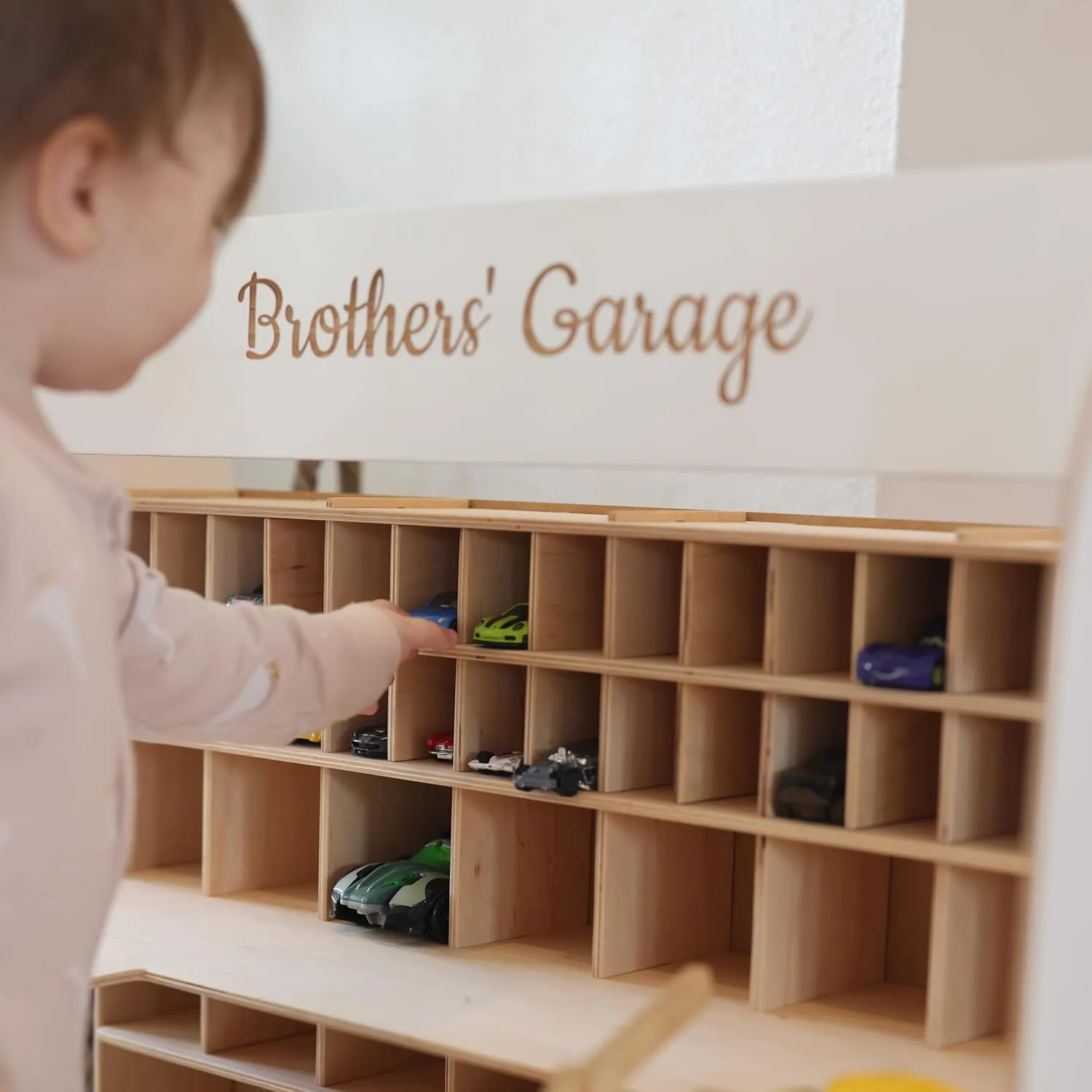 Toy Parking Garage with Elevator Wooden Toy Car Storage Hot Wheels Car Compatible Gift for Toddlers 1-4 Years Old Organizer Case Shelf for Mini Toy Cars (Big, Dark Walnut)