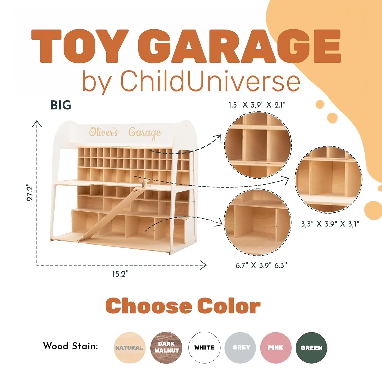 Toy Parking Garage with Elevator Wooden Toy Car Storage Hot Wheels Car Compatible Gift for Toddlers 1-4 Years Old Organizer Case Shelf for Mini Toy Cars (Big, Dark Walnut)