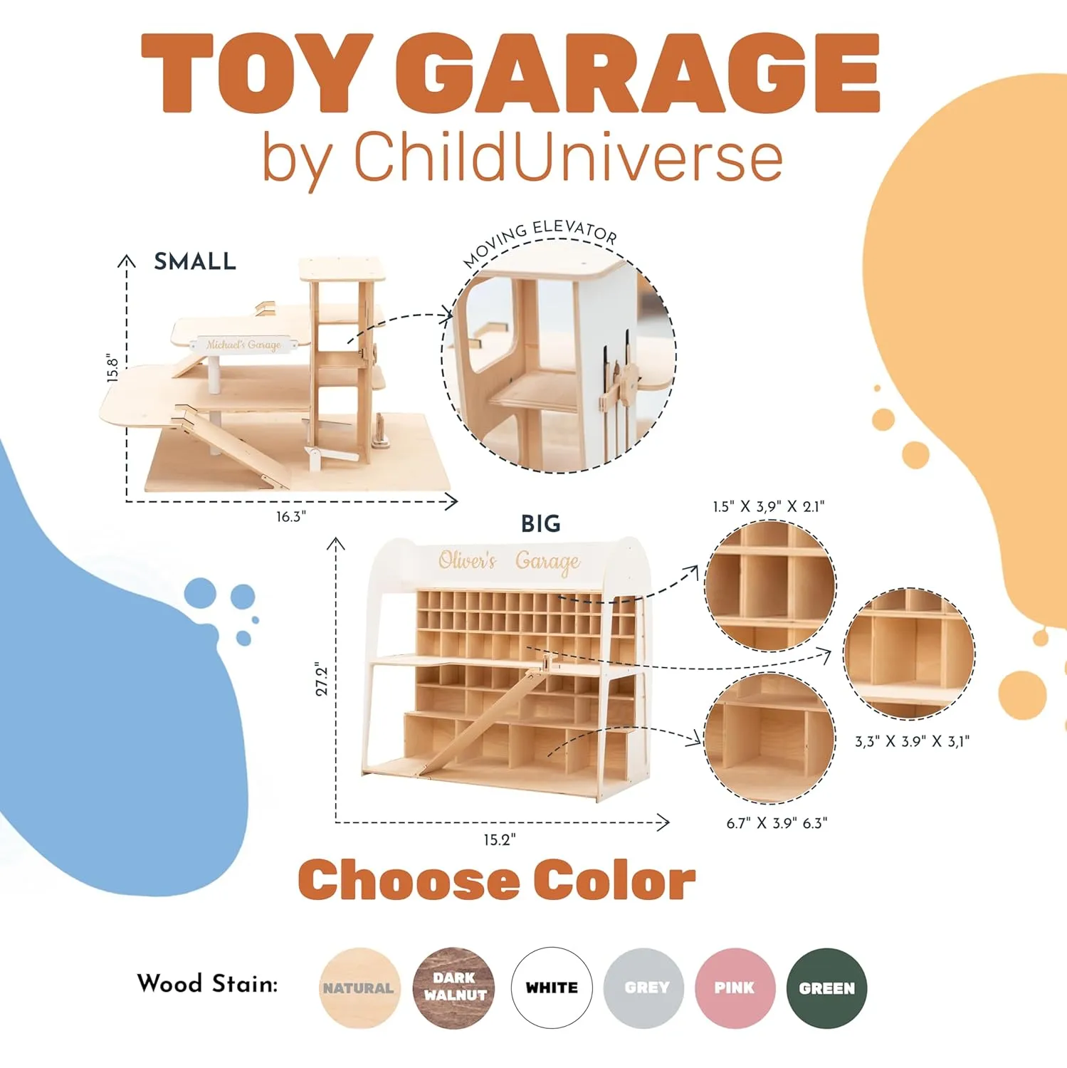 Toy Parking Garage with Elevator Wooden Toy Car Storage Hot Wheels Car Compatible Gift for Toddlers 1-4 Years Old Organizer Case Shelf for Mini Toy Cars (Big, Dark Walnut)