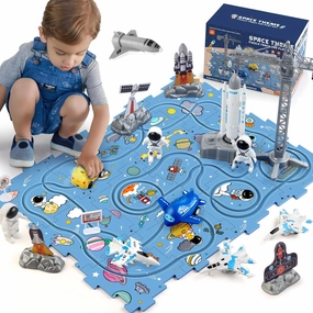 Tracks Car Toys Gifts for 3 4 5 Year Old Boys Kids,32 PCS Space Jigsaw Puzzle Racer Car Track Set with 2 Railcars,Space Rocket Models and Astronauts,Toys for Kids Boys Toddlers 3-5 4-6…
