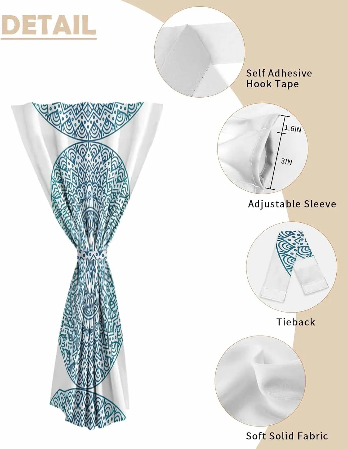 Turquoise Boho Self Adhesive Blackout Curtains with Tiebacks,Portable Rod Pocket Living Room Darkening Curtains,Retro Ethnic Teal Geometric Aesthetic Thermal Insulated Windows Cover,35Wx63H