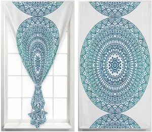 Turquoise Boho Self Adhesive Blackout Curtains with Tiebacks,Portable Rod Pocket Living Room Darkening Curtains,Retro Ethnic Teal Geometric Aesthetic Thermal Insulated Windows Cover,35Wx63H