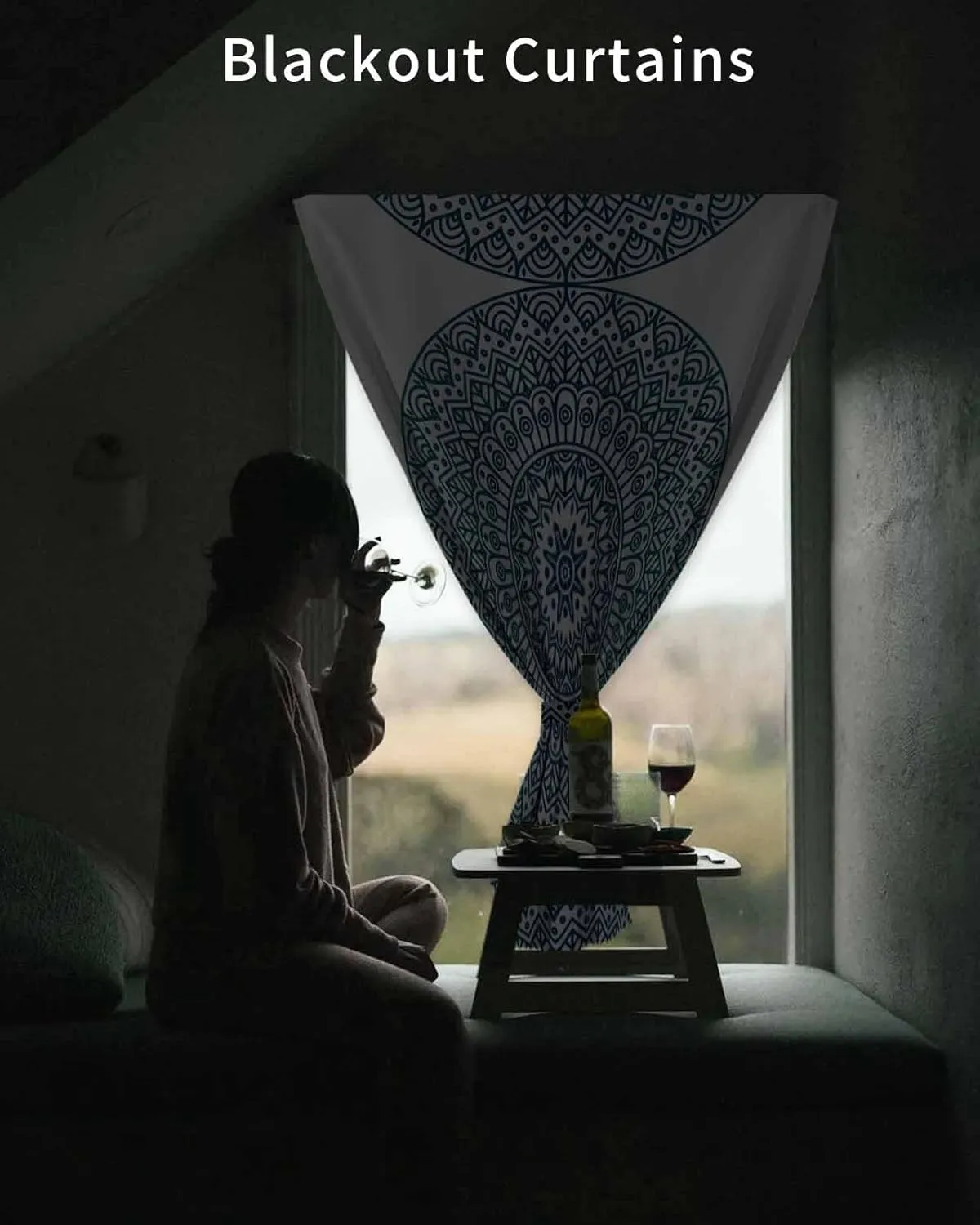 Turquoise Boho Self Adhesive Blackout Curtains with Tiebacks,Portable Rod Pocket Living Room Darkening Curtains,Retro Ethnic Teal Geometric Aesthetic Thermal Insulated Windows Cover,35Wx63H