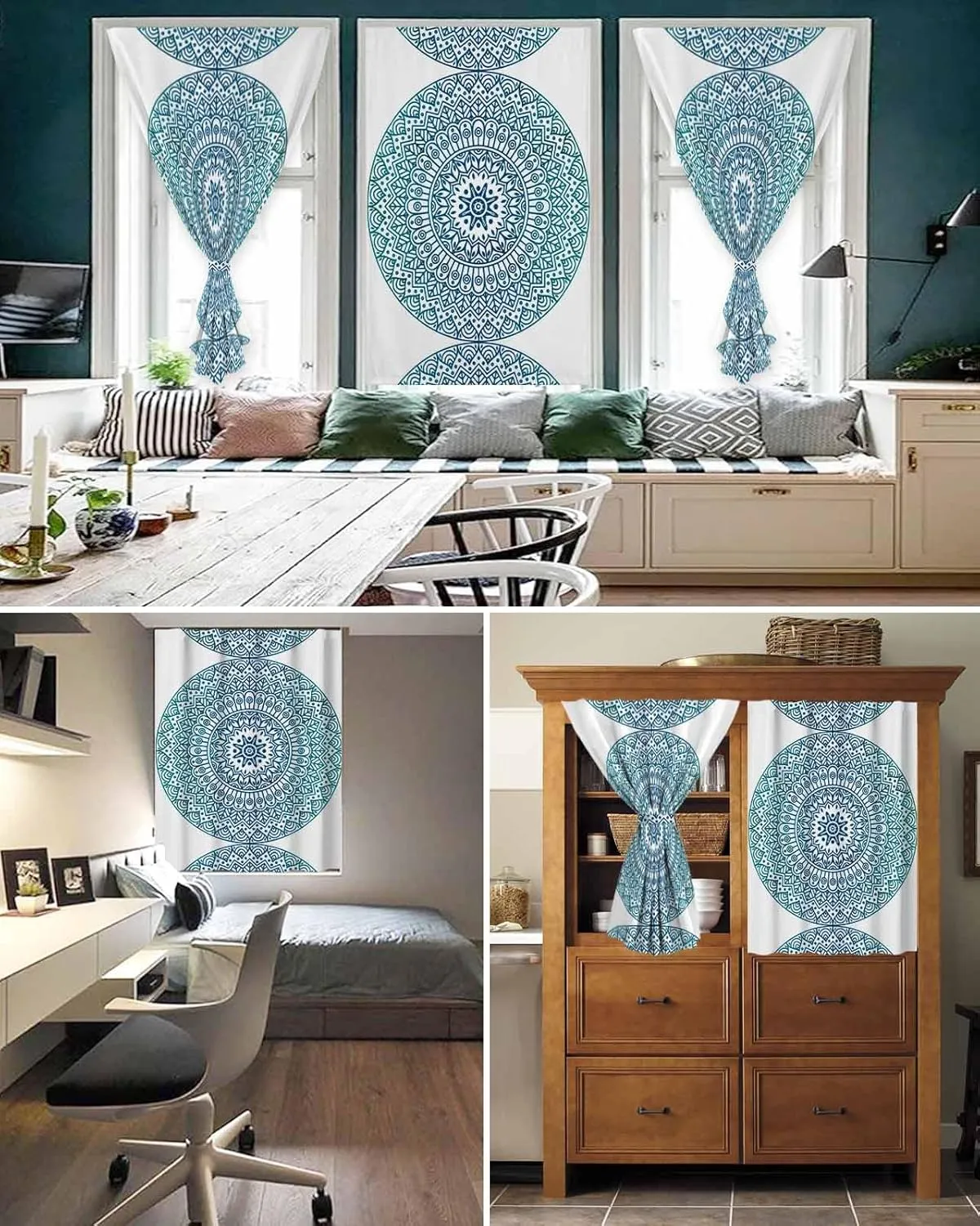 Turquoise Boho Self Adhesive Blackout Curtains with Tiebacks,Portable Rod Pocket Living Room Darkening Curtains,Retro Ethnic Teal Geometric Aesthetic Thermal Insulated Windows Cover,35Wx63H